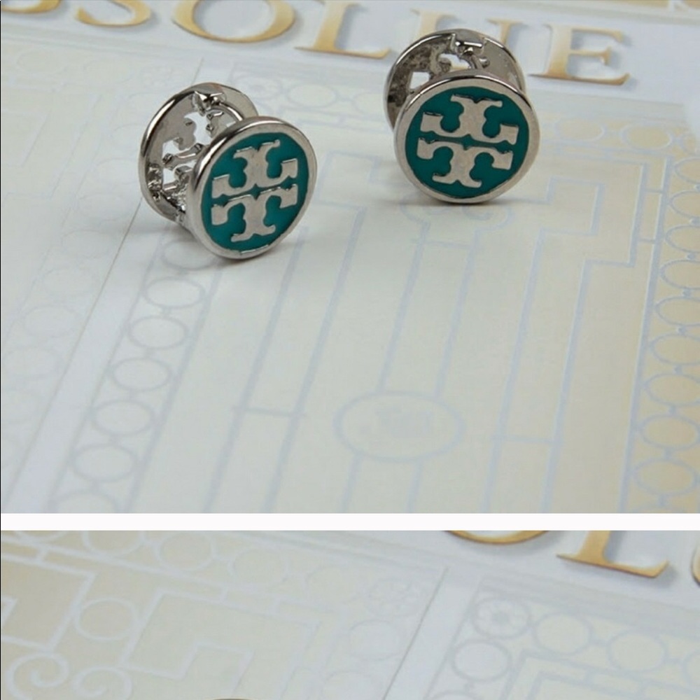 I S O - silver & Aqua TB logo reversible earrings